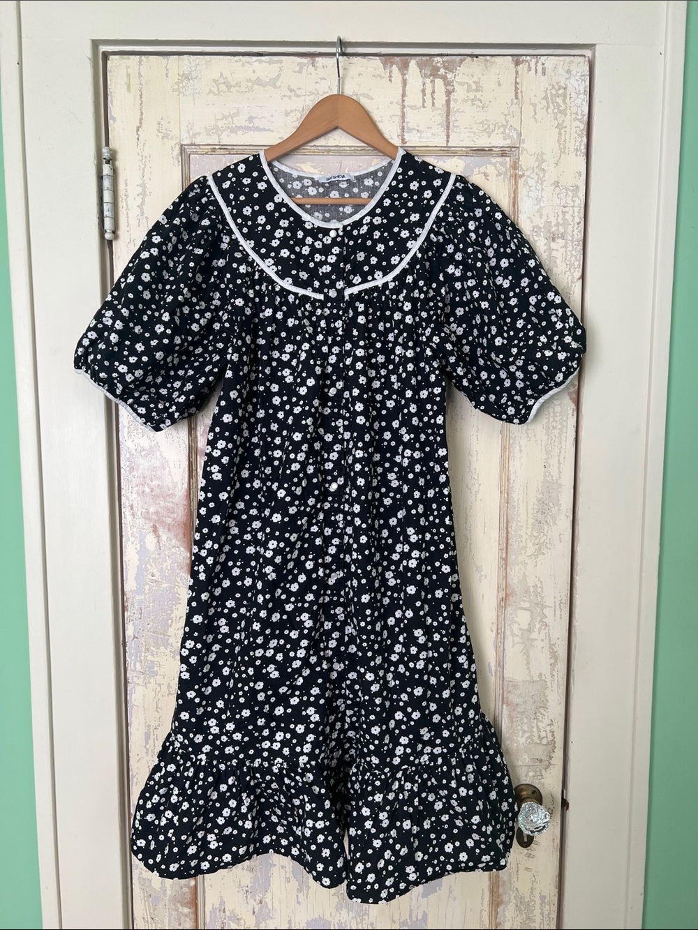 Batsheva House Dress Black with White Daisy Print and Peter Pan Collar OneSize